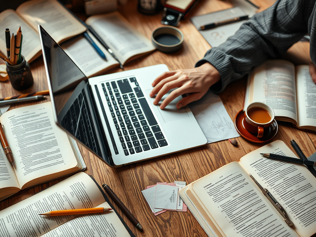 На столе разбросаны книги, канцелярские принадлежности и ноутбук; кофе в чашке рядом с работающей рукой.