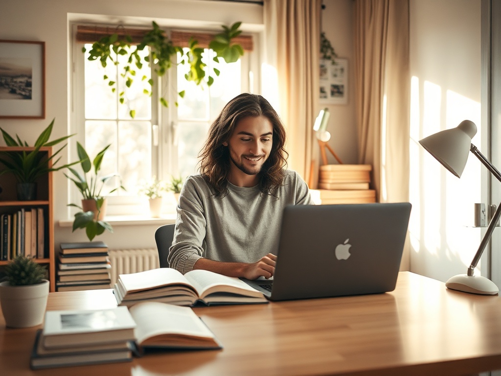 Молодой человек с длинными волосами работает за ноутбуком в уютном кабинете, окружённом растениями.