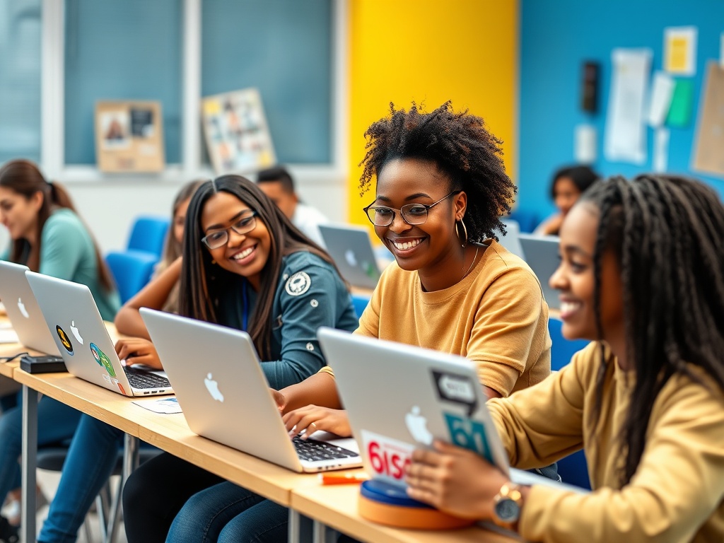 Три студентки улыбаются, работая за ноутбуками в современном классном помещении.