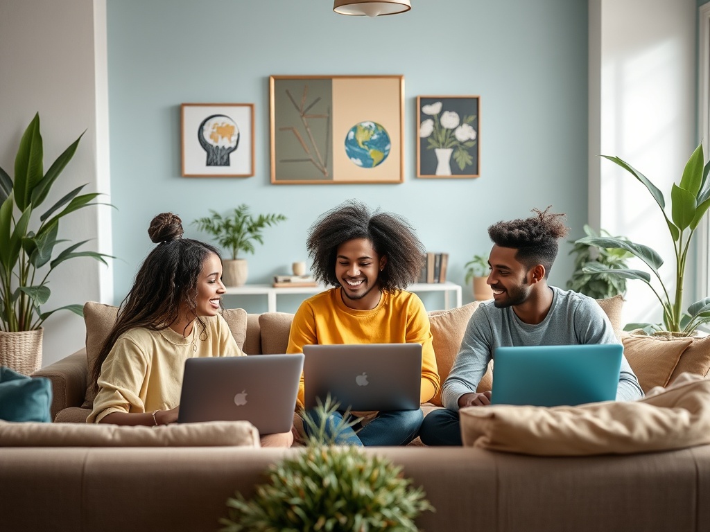 Трое друзей радостно беседуют, используя ноутбуки, в уютной комнате с растениями и картинками на стенах.