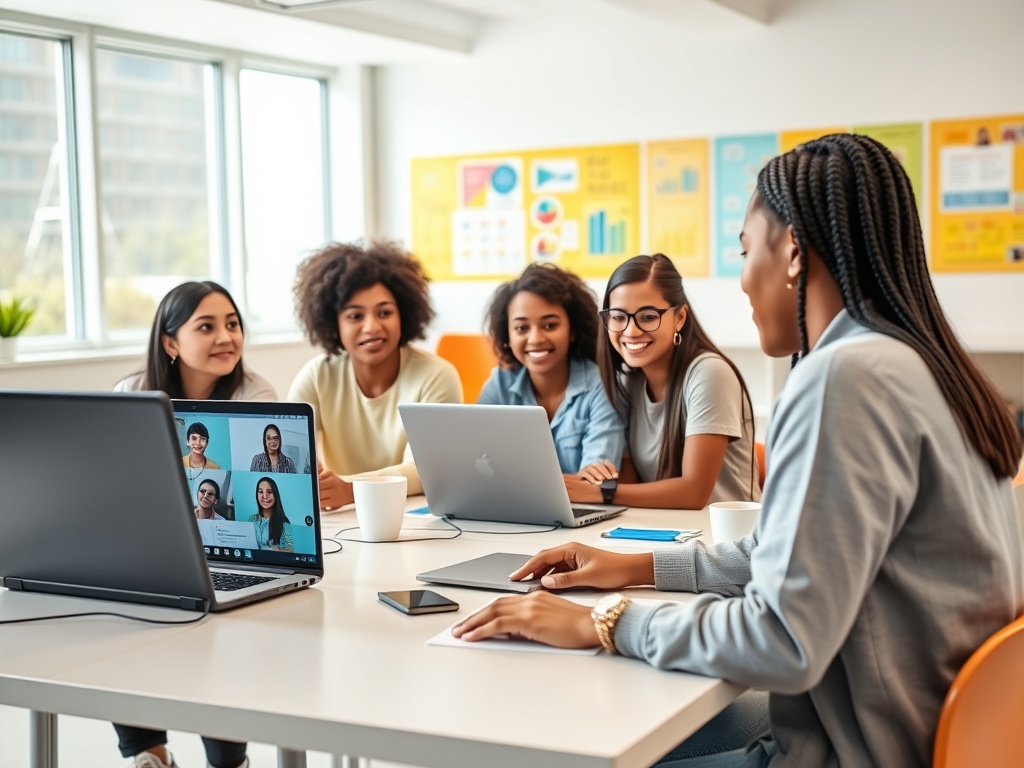 Группа женщин обсуждает идеи за столом, используя ноутбук и видеосвязь во время бизнес-встречи.
