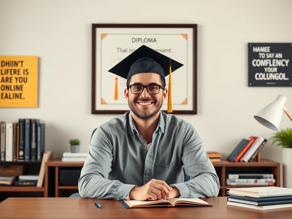Молодой человек в академической шапочке улыбается, сидя за столом с книгами и дипломом на стене.