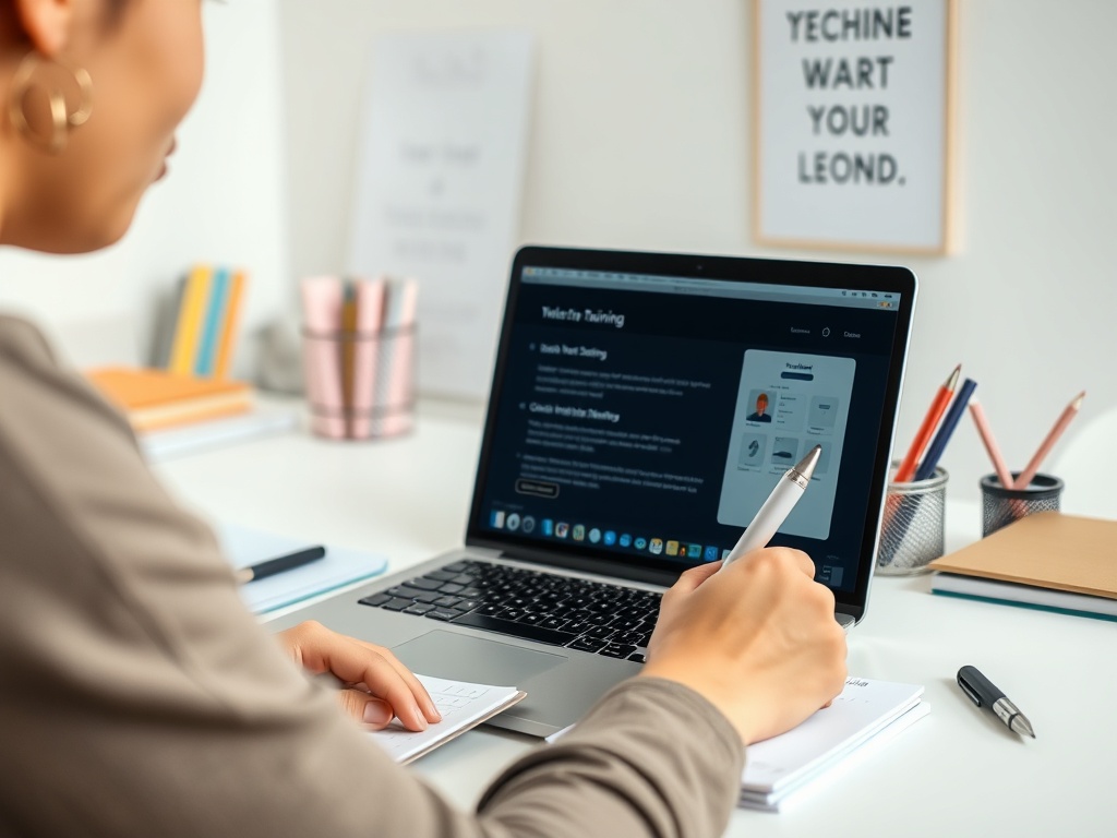 Женщина записывает заметки, работая на ноутбуке с открытым экраном, на котором веб-сайт о тренировках.