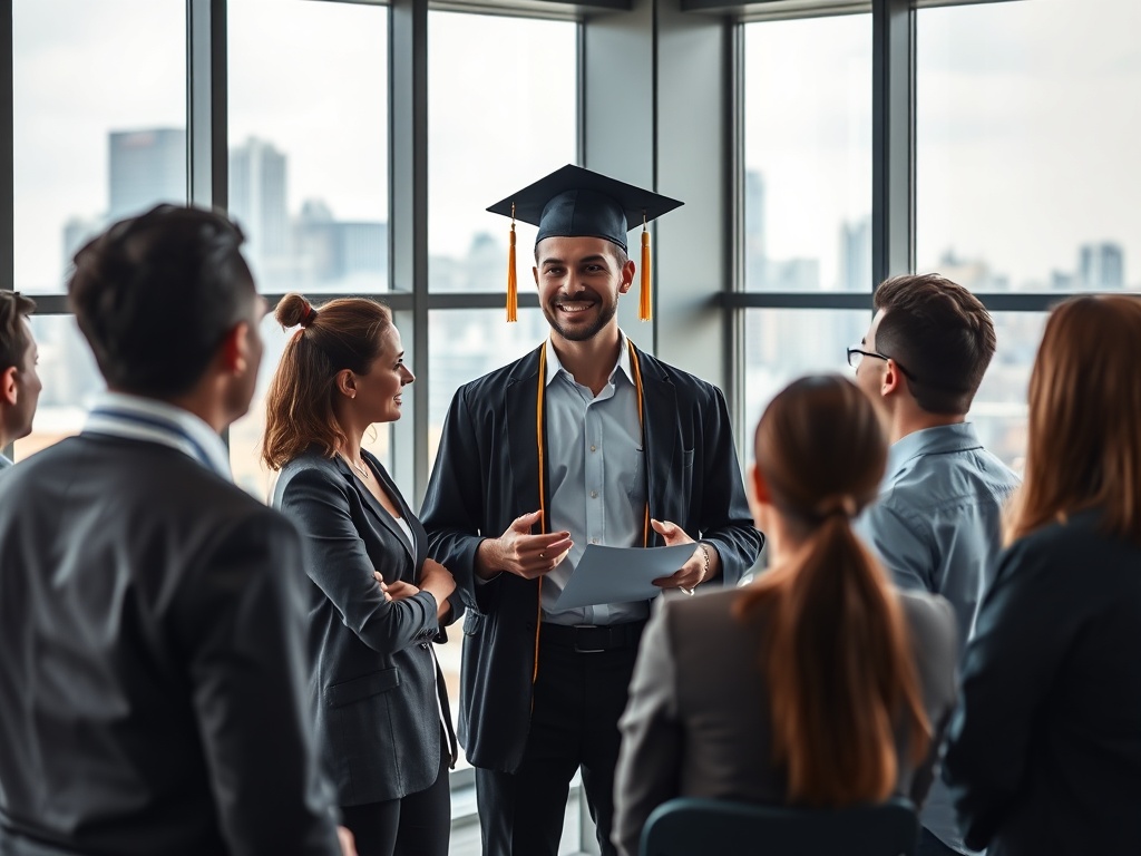 Молодой человек в академической одежде выступает перед группой людей в офисе с панорамным окном.