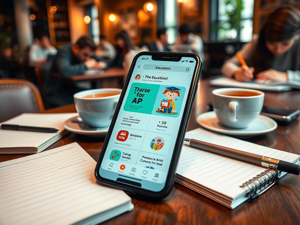На смартфоне открыто приложение «Образование» с информацией о курсах и обучении. На фоне – кафе и люди.