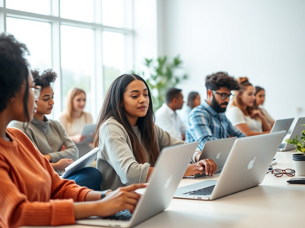 Группа людей за столом с ноутбуками, сосредоточенно работающих в современном офисе.