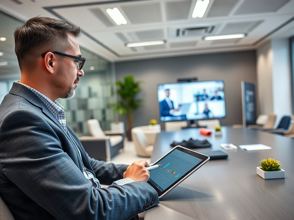 Деловой человек с планшетом в офисе, участвует в видеоконференции. На экране — коллеги.