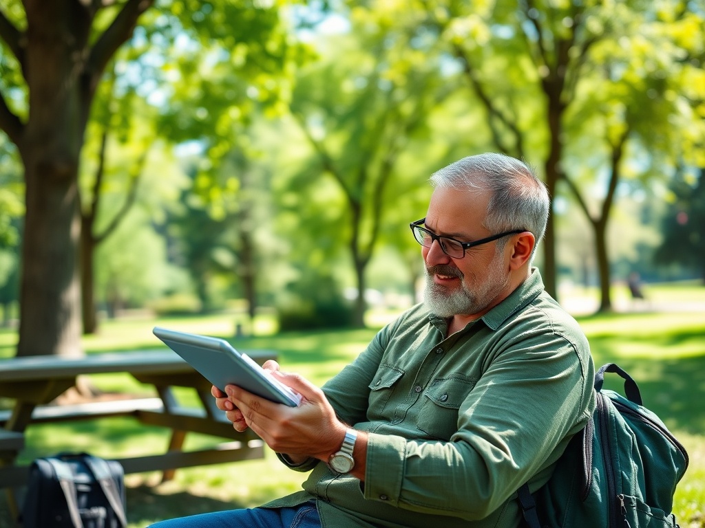 На картинке мужчина с сединой, сидящий на скамейке в парке и используя планшет. Зеленая природа вокруг.
