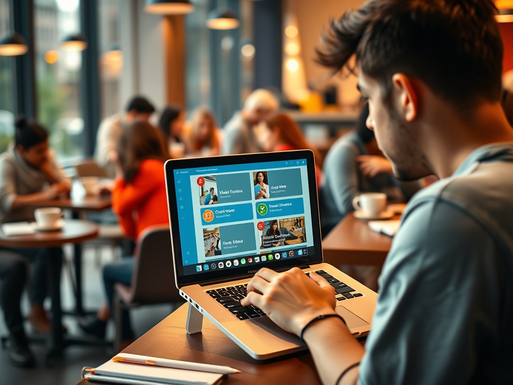 Молодой человек работает за ноутбуком в кафе, окружающие обсуждают и пьют кофе.