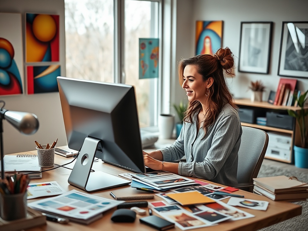 Женщина сидит за столом, работает на компьютере, вокруг много цветных материалов и документов.