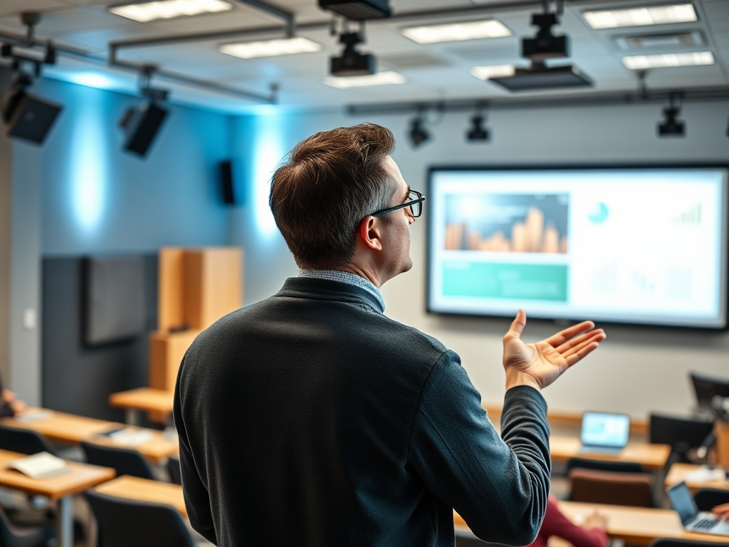 На изображении человек, который проводит презентацию в аудитории, с графиками на экране позади него.