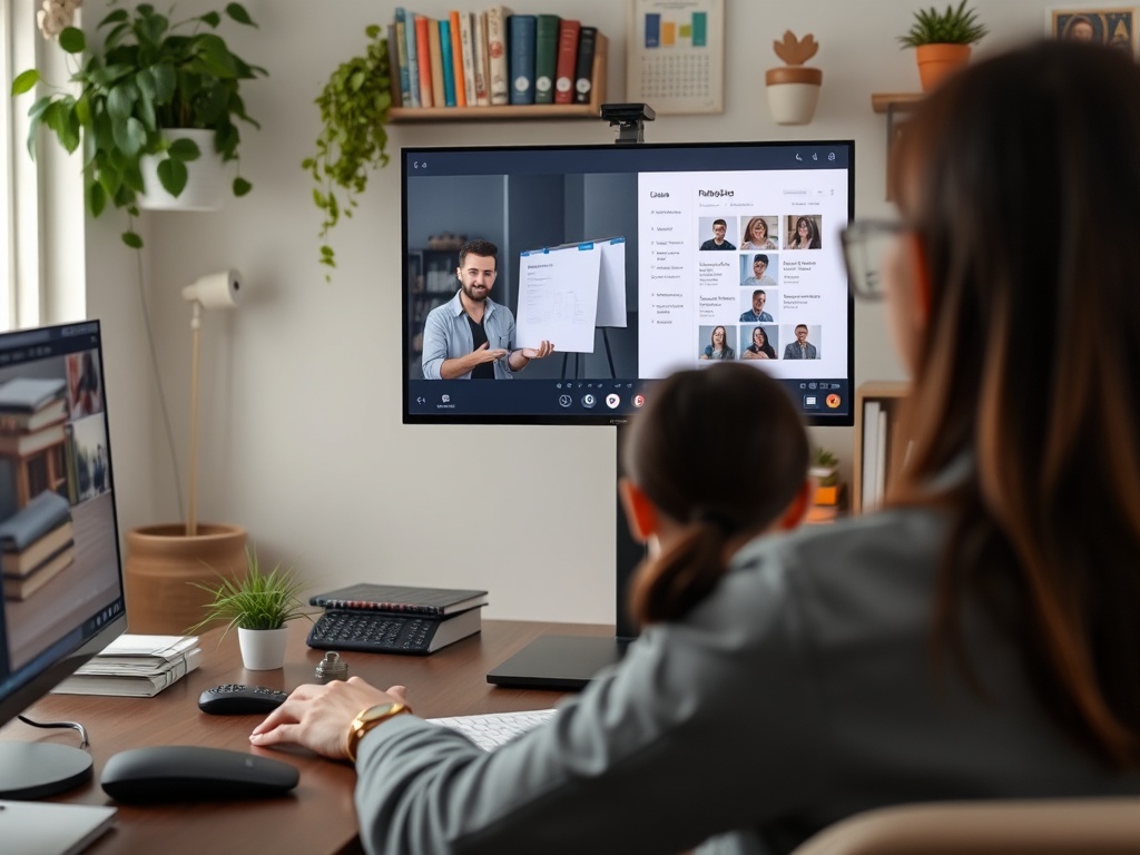 На экране видно человека, который проводит онлайн-презентацию, а у него за спиной сидит зритель.