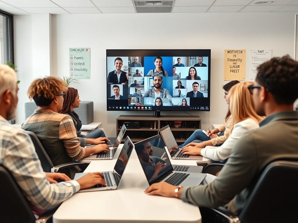 Группа людей в офисе участвует в видеозвонке, работая за ноутбуками и смотря на большой экран.