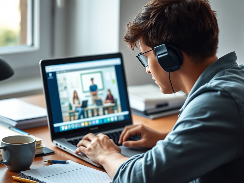Молодой человек с наушниками за ноутбуком, участвует в онлайн-занятии. На столе чашка кофе и блокнот.
