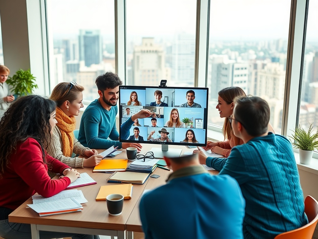 Встреча команды с участниками в режиме видеосвязи в современном офисе с видом на город.