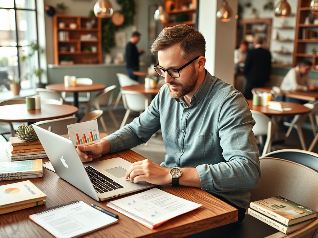 Мужчина с ноутбуком анализирует данные на графике в уютном кафе, окружённом книгами и людьми.