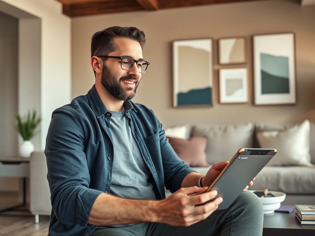 Мужчина в очках улыбается, держит планшет в уютной обстановке дома с мягкой мебелью и картинами на стенах.