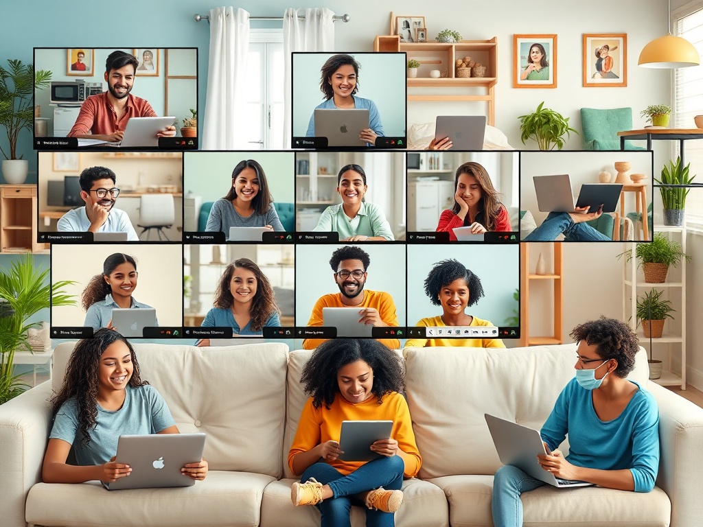 Группа людей на видеозвонке, сидя на диване, используют различные устройства и улыбаются.
