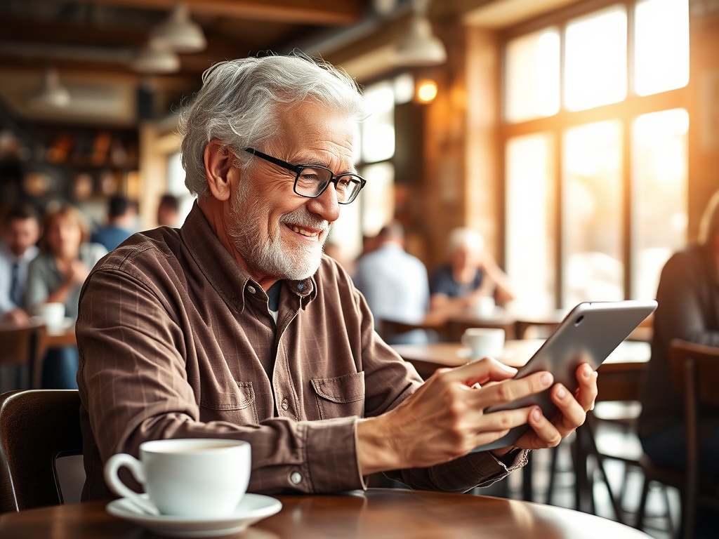 Пожилой мужчина с планшетом улыбается, сидя в кафе с чашкой кофе на столе. Светло и уютно вокруг.