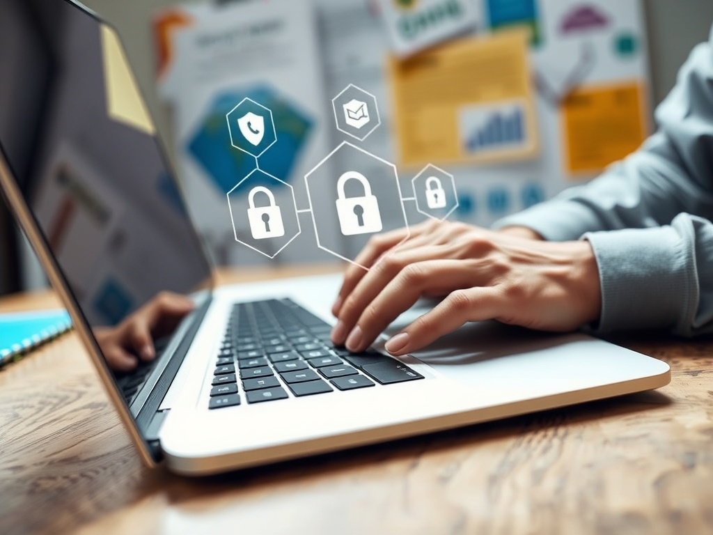 Человек работает на ноутбуке, вокруг иконки замков, символизирующие безопасность данных и связи.