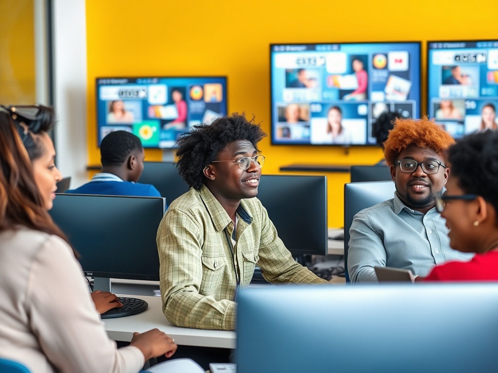 Группа студентов обсуждает идеи в компьютерном классе с яркими экранами на стене.