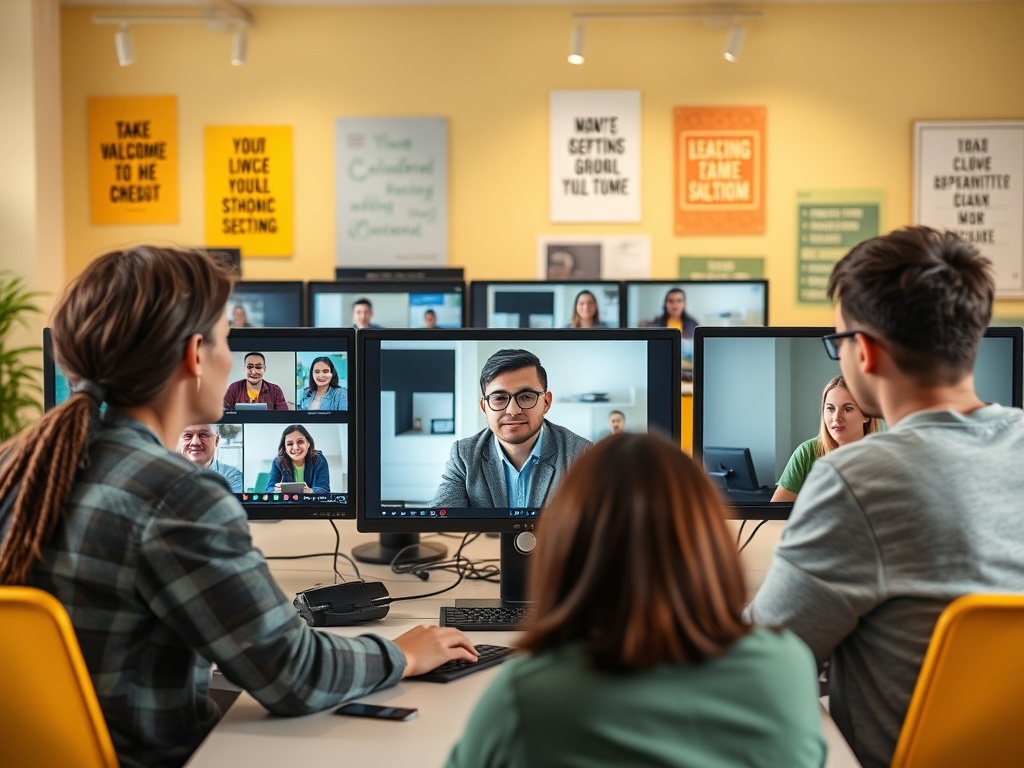 Группа людей на видео-конференции, общающихся через компьютеры в современном офисе.