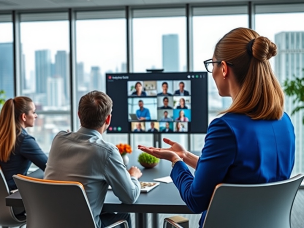 На фоне городского пейзажа группа людей участвует в онлайн-встрече, обсуждая важные вопросы.
