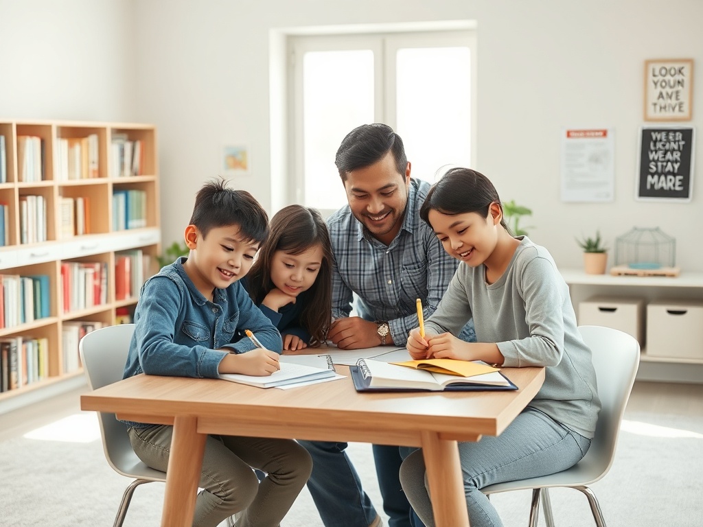 На фото папа и трое детей, которые учатся и делают задания за столом в уютной комнате.