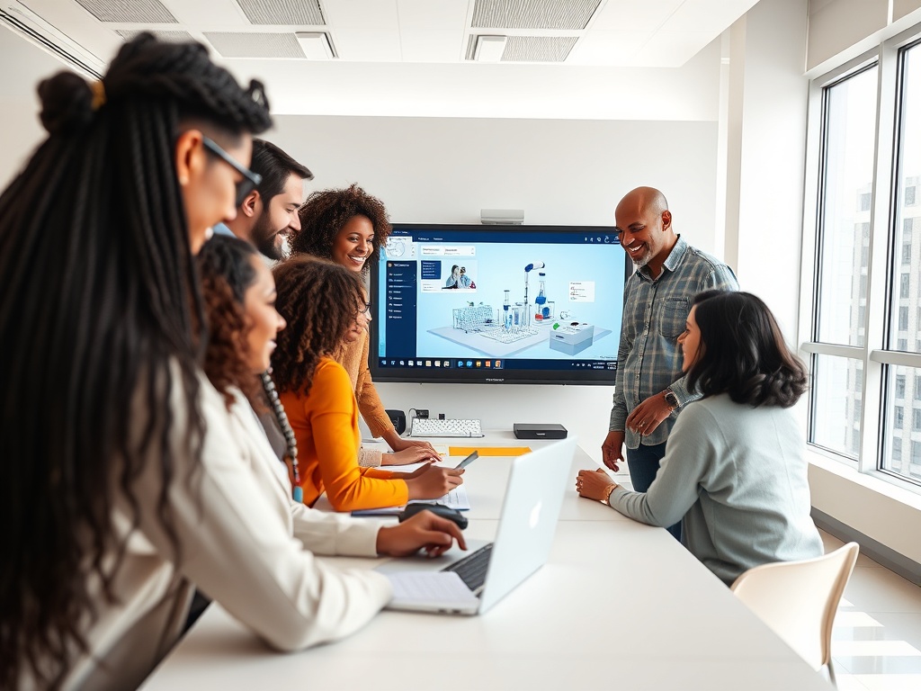 Группа людей обсуждает проект в современном офисе, используя ноутбук и большой экран для презентации.