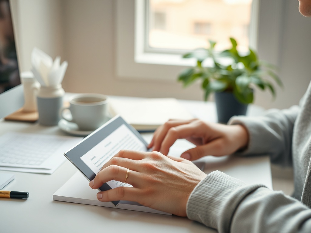 Человек читает электронную книгу, сидя за столом с чашкой кофе и растением на подоконнике.