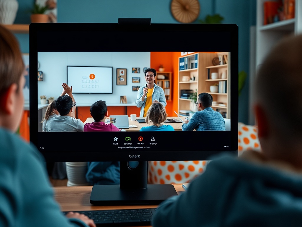 На экране видеозвонка группа людей слушает лекцию, ведущий объясняет тему с помощью презентации.