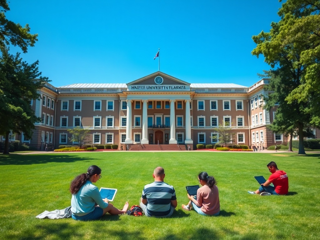 На зеленом газоне перед университетом студенты занимаются на своих ноутбуках, наслаждаясь солнечным днем.