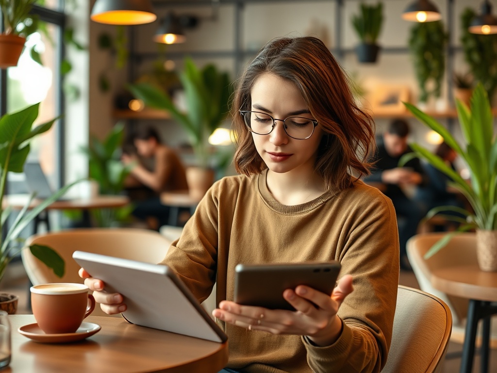 Молодая женщина в свитере сидит в кафе, используя планшет и телефон, на столе чашка кофе.
