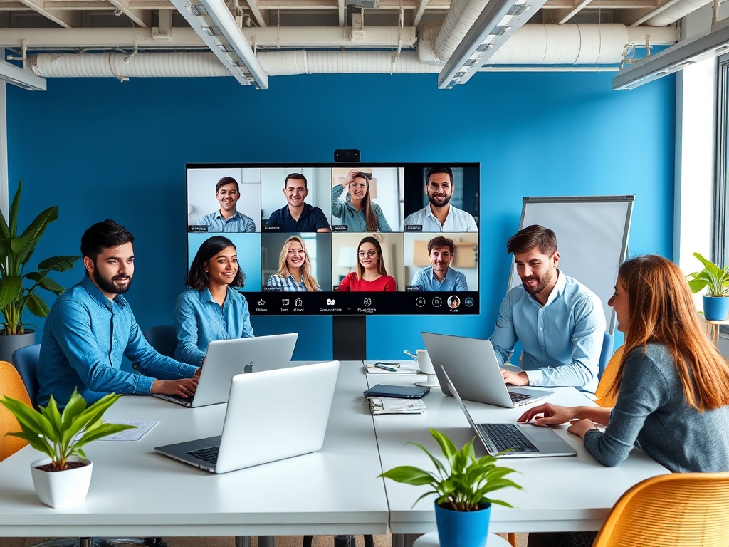 Деловая встреча в современном офисе с участниками на экране и вживую. Команда активно обсуждает рабочие вопросы.