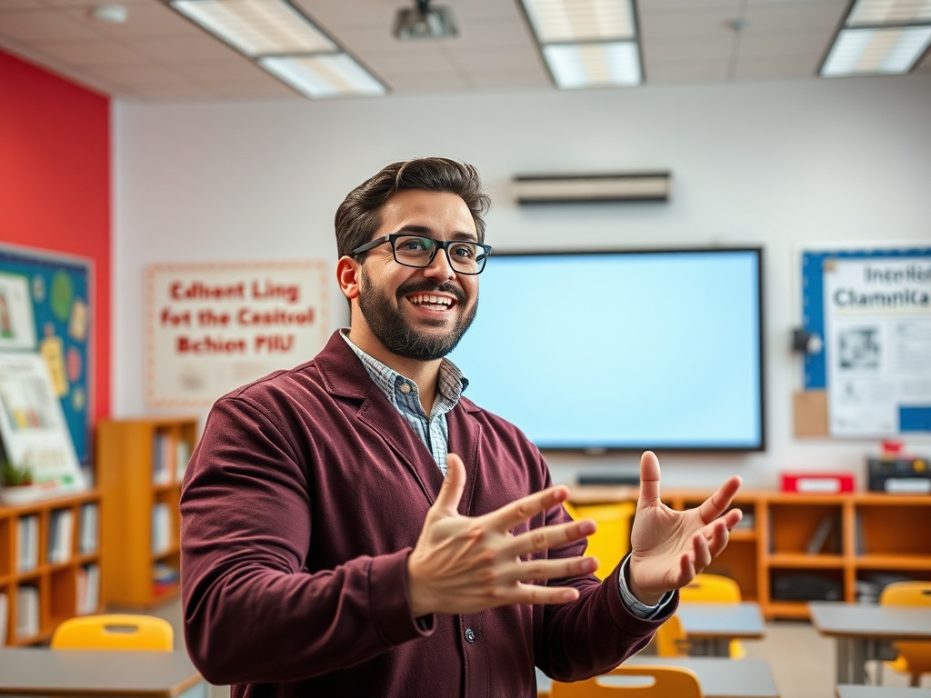 Улыбающийся мужчина в классе объясняет материал, руки в жестах, вокруг учебные столы.