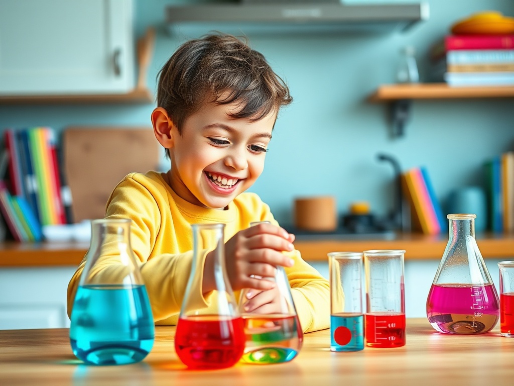 Мальчик с улыбкой исследует цветные жидкости в лабораторных колбах на столе.