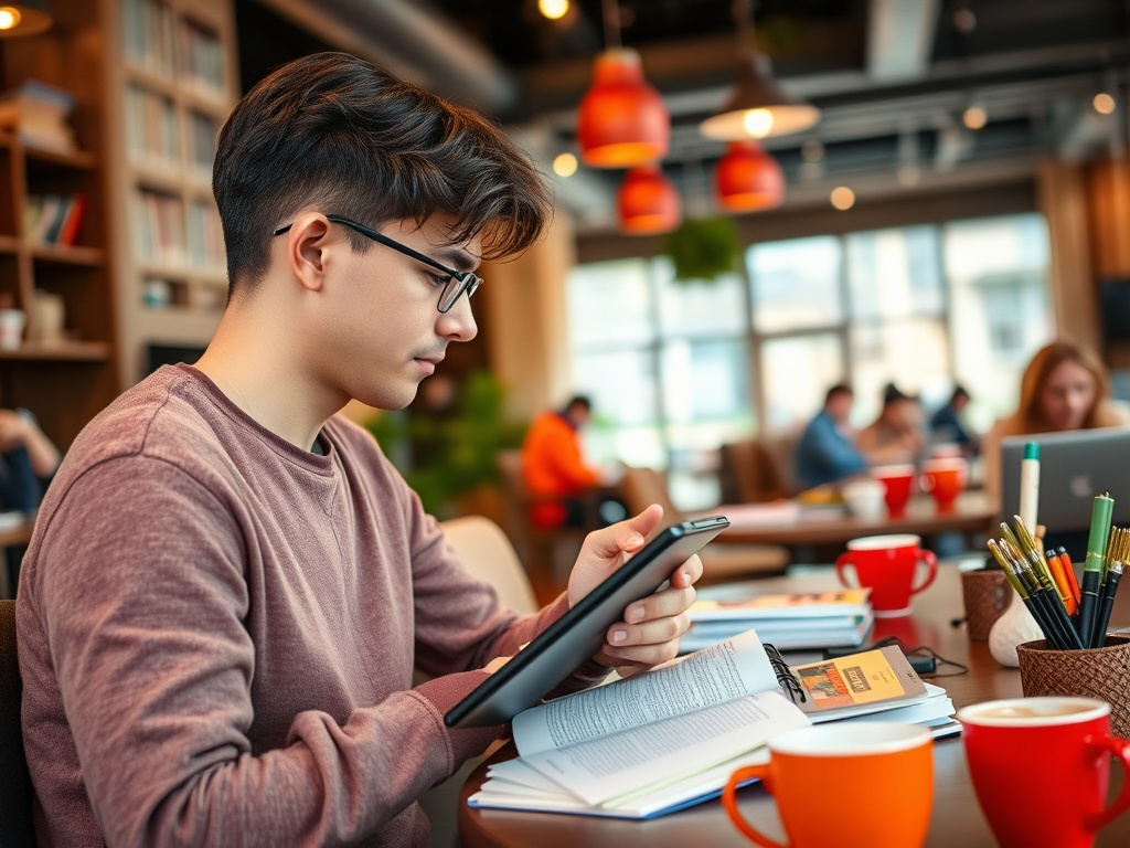 Молодой человек читает книгу и использует планшет в кафе, на столе стоят кружки с кофе и канцелярские принадлежности.
