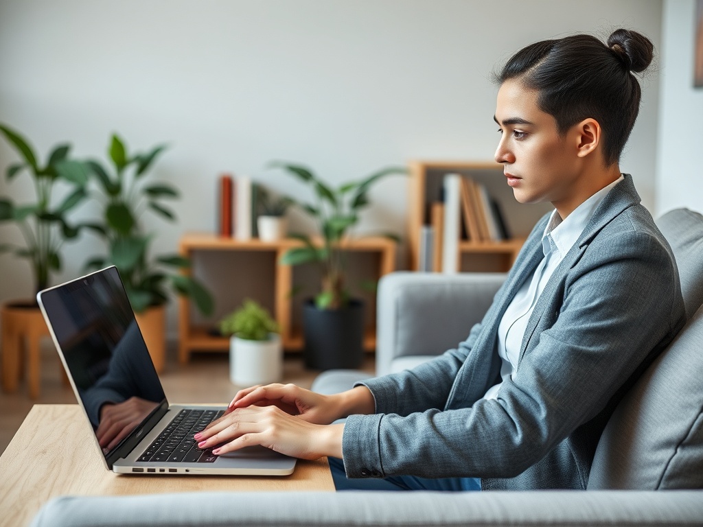 Женщина в деловом костюме сидит на диване и работает за ноутбуком в уютной обстановке.