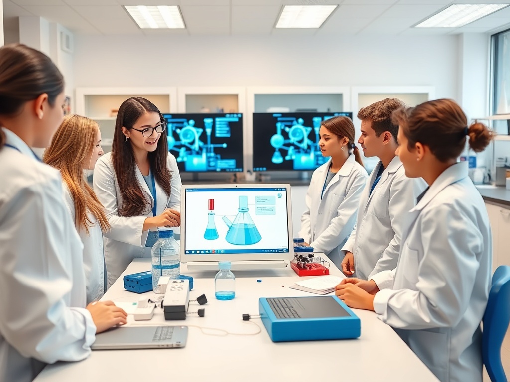 Группа студентов в лаборатории обсуждает результаты эксперимента, используя компьютер и лабораторное оборудование.