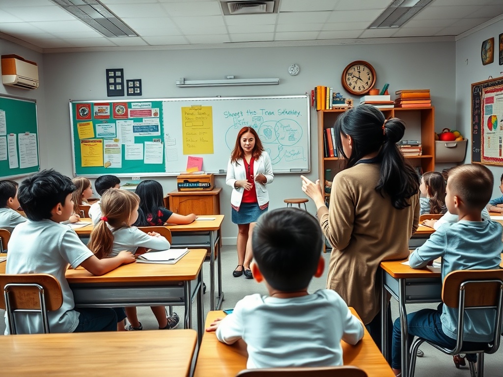 На занятии учительница объясняет материал группе детей в классе. У доски показаны учебные материалы.