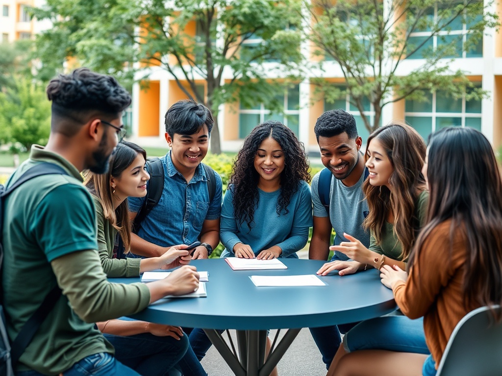 Группа студентов обсуждает учебные материалы за столом в кампусе, все улыбаются и активно участвуют в разговоре.