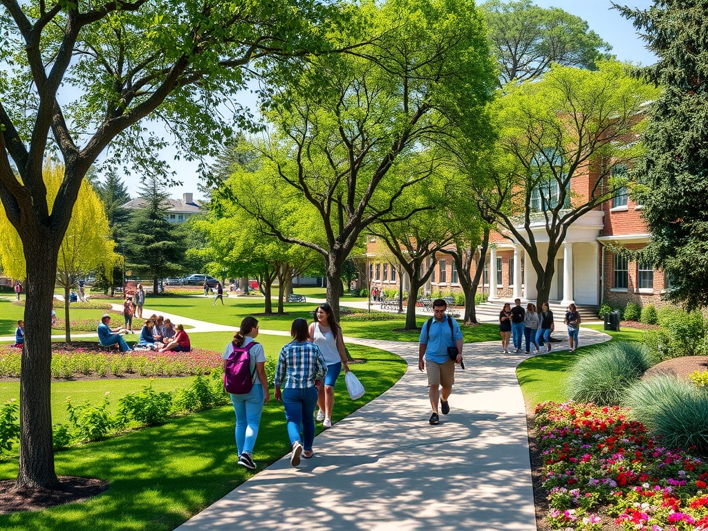 На зелёном кампусе студенты гуляют, общаются и отдыхают на свежем воздухе среди деревьев и цветов.