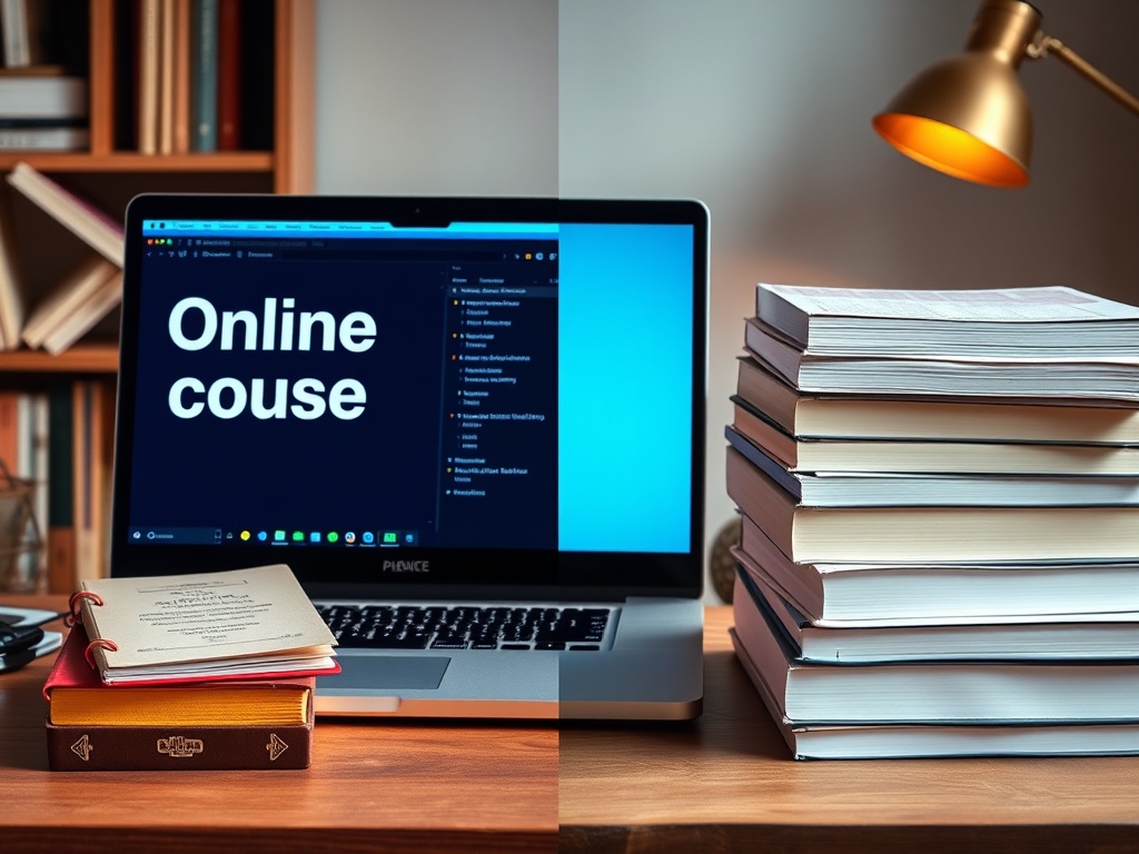 Ноутбук с надписью "Онлайн курс" рядом с книгами и настольной лампой на деревянном столе.
