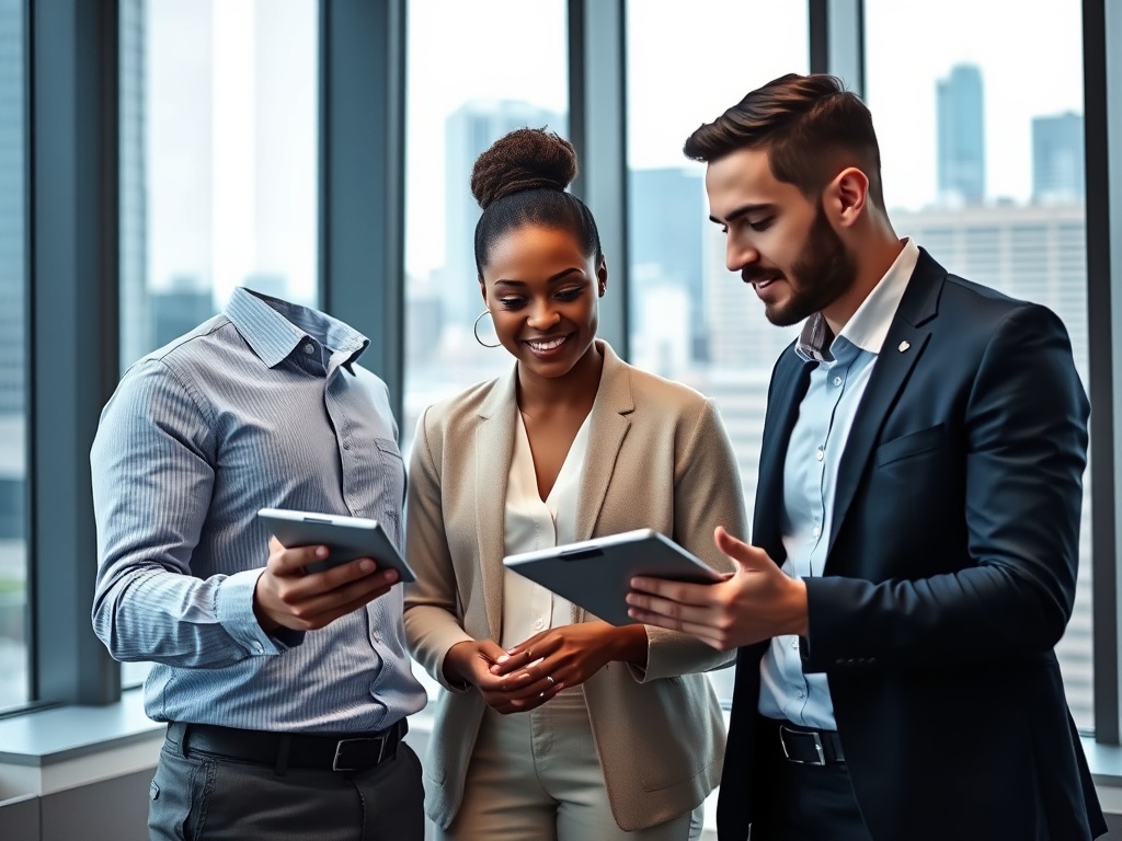 Трое людей в офисе обсуждают идеи, используя планшеты с видом на город через окна.