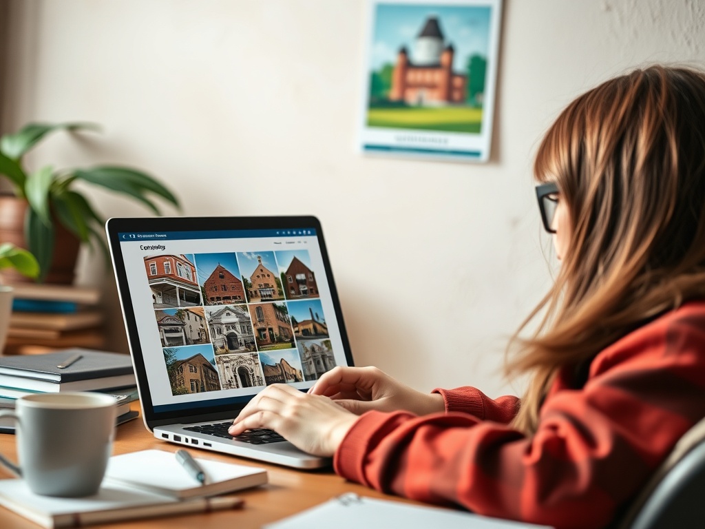 Девушка работает на ноутбуке, просматривая фотографии зданий. На столе книги и чашка с кофе.