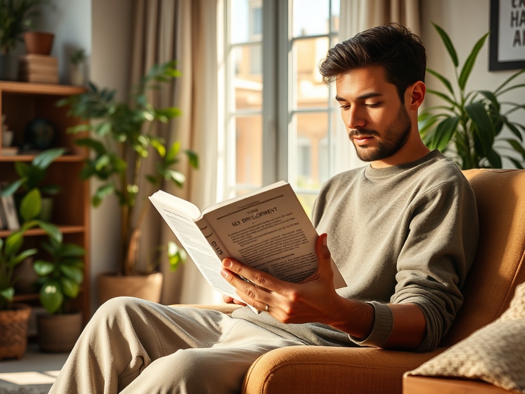 Молодой человек читает книгу, сидя на диване в уютной комнате с растениями и солнечным светом.
