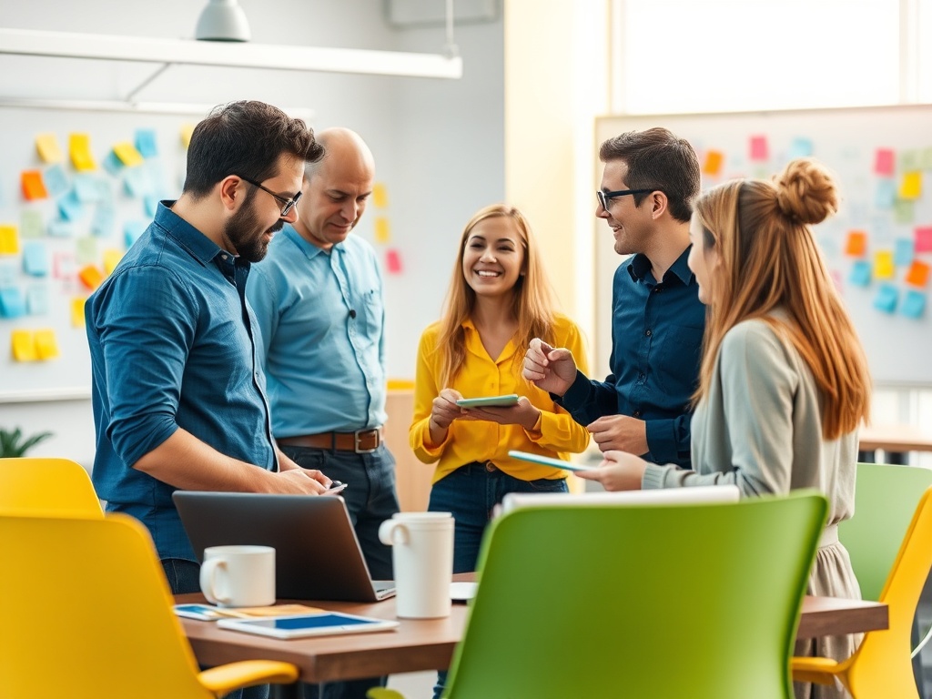 Группа людей обсуждает идеи на встрече в современном офисе с заметками на стене.