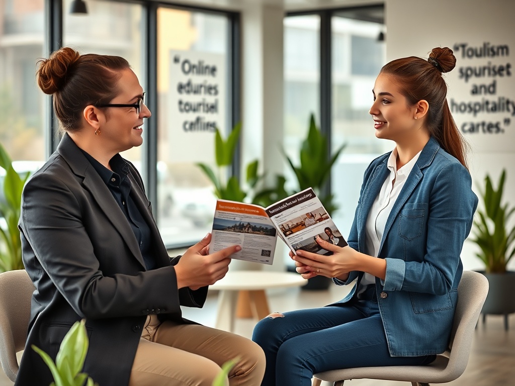 Две женщины беседуют на фоне офиса, обсуждая брошюры по туризму и гостиничному бизнесу.