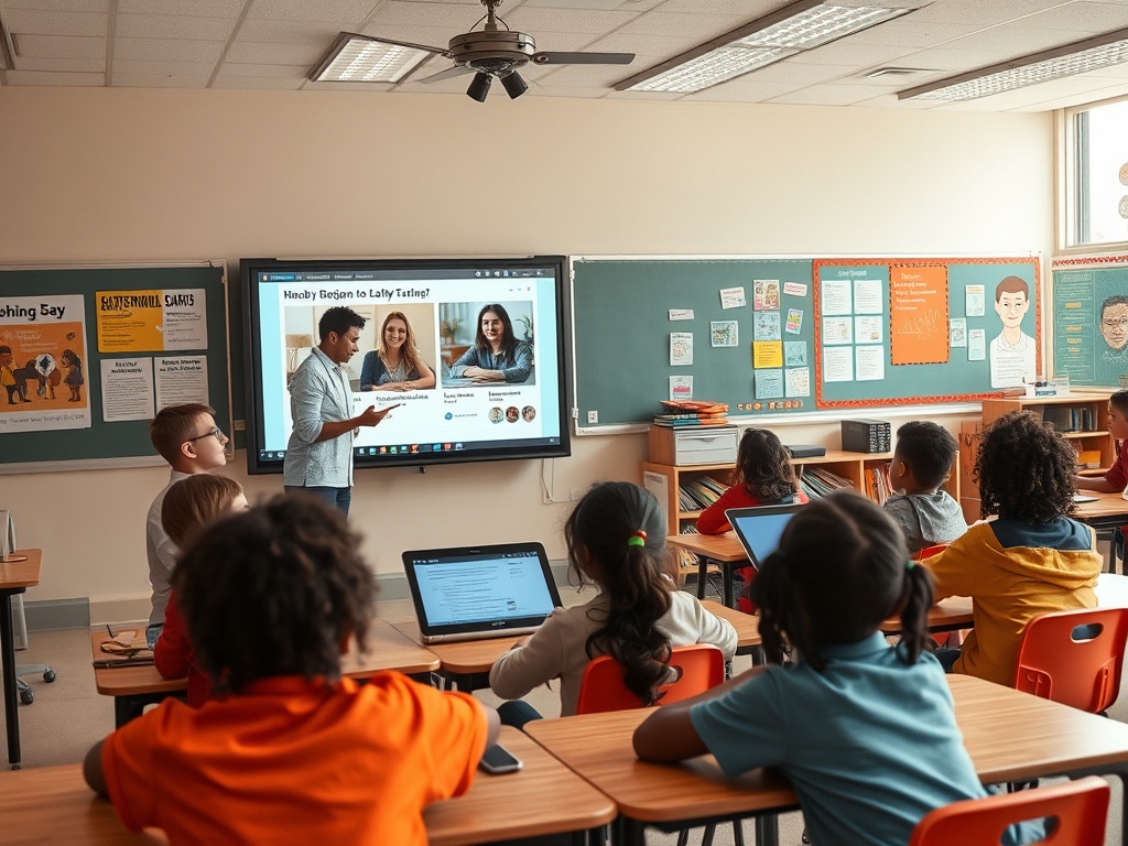 Учитель объясняет материал ученикам в классе с компьютерами и интерактивной доской.