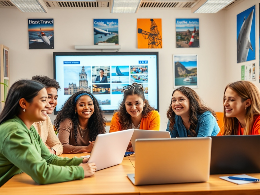 Группа студентов обсуждает заготовки, сидя за столом с ноутбуками и улыбаются друг другу.